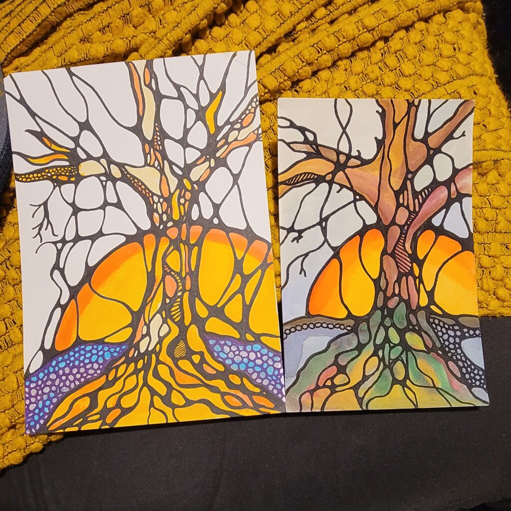 art by CaitSpace tree drawn by lines and colored in orange and purple