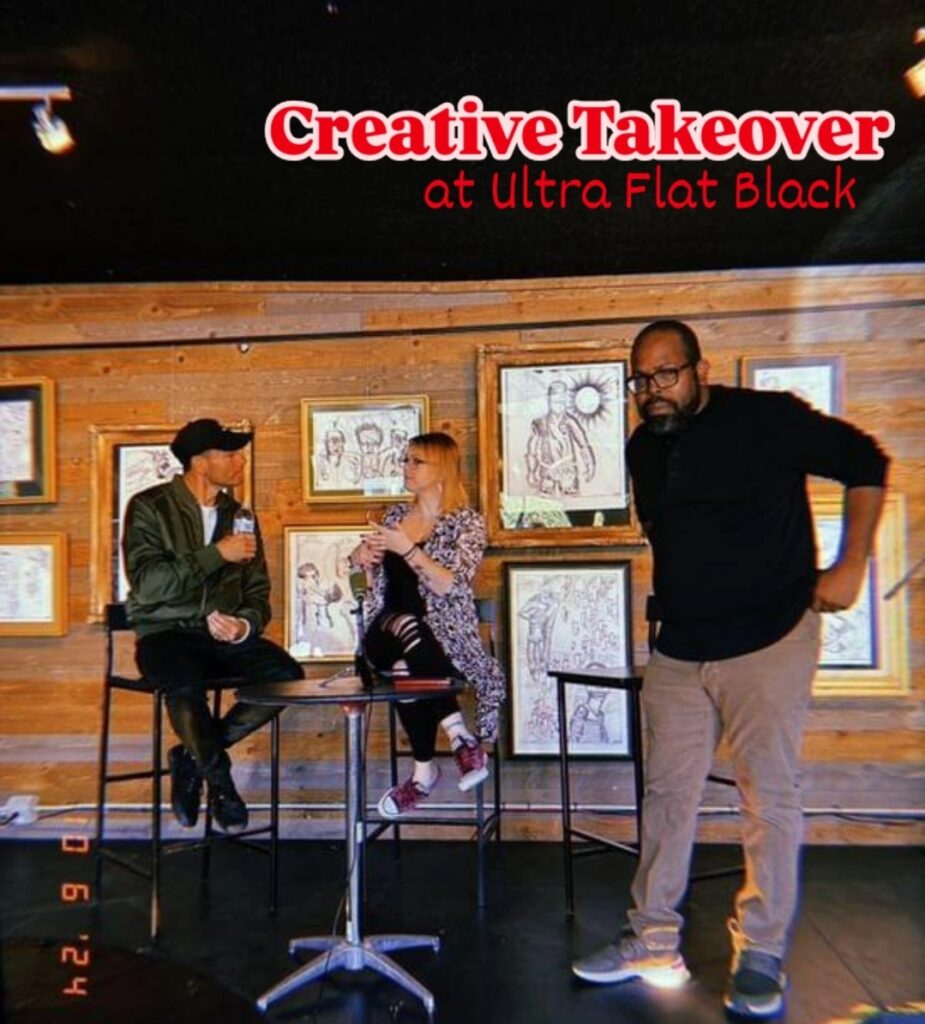 creative takeover podcast interview with guest sitting on stools with art hanging in the background